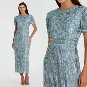 Mac Duggal 5980 Blue High Neck Short Sleeve Crystal Fringe Sheath Dress Sz 8 NWT